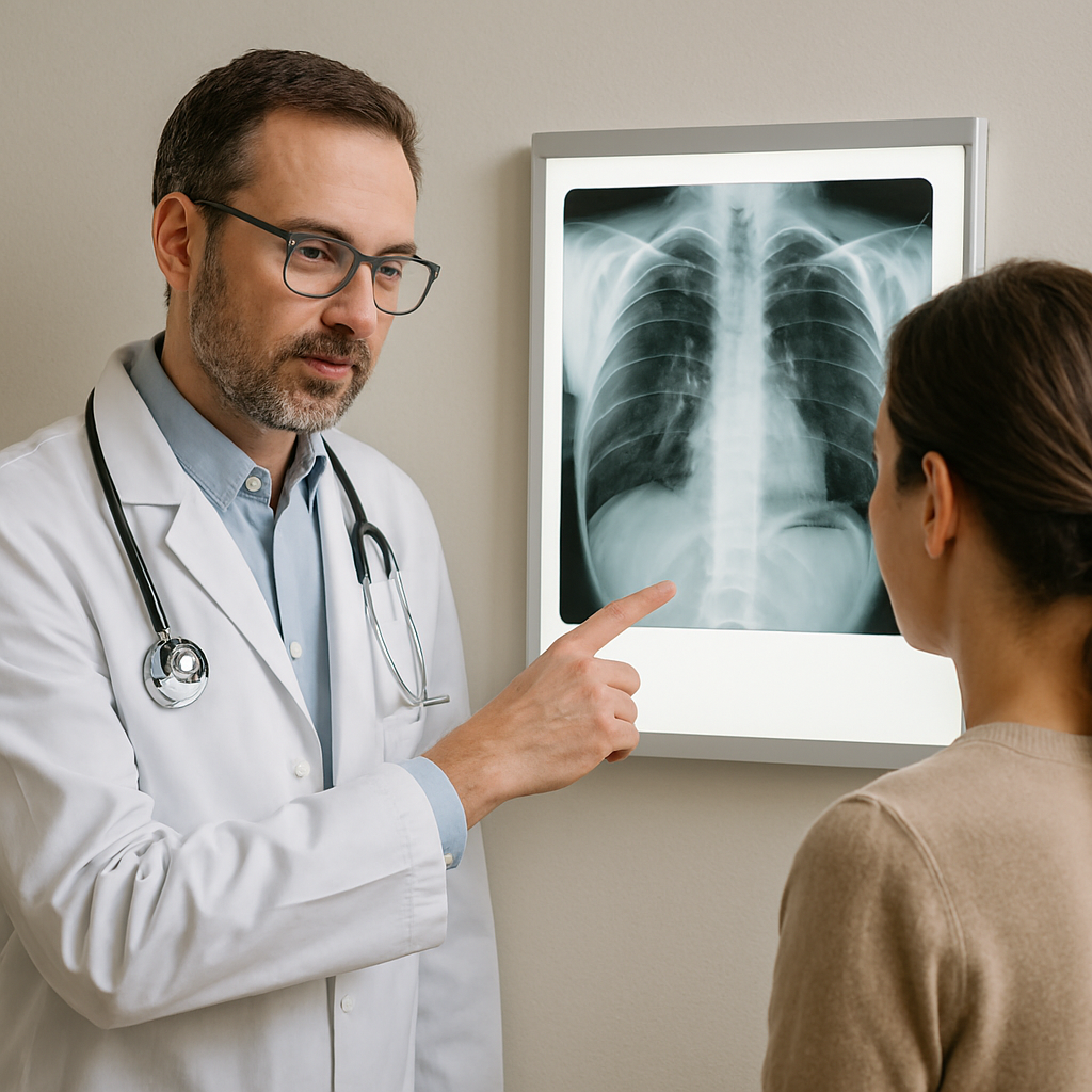 A healthcare professional explaining a pneumonia diagnosis using a chest X-ray.