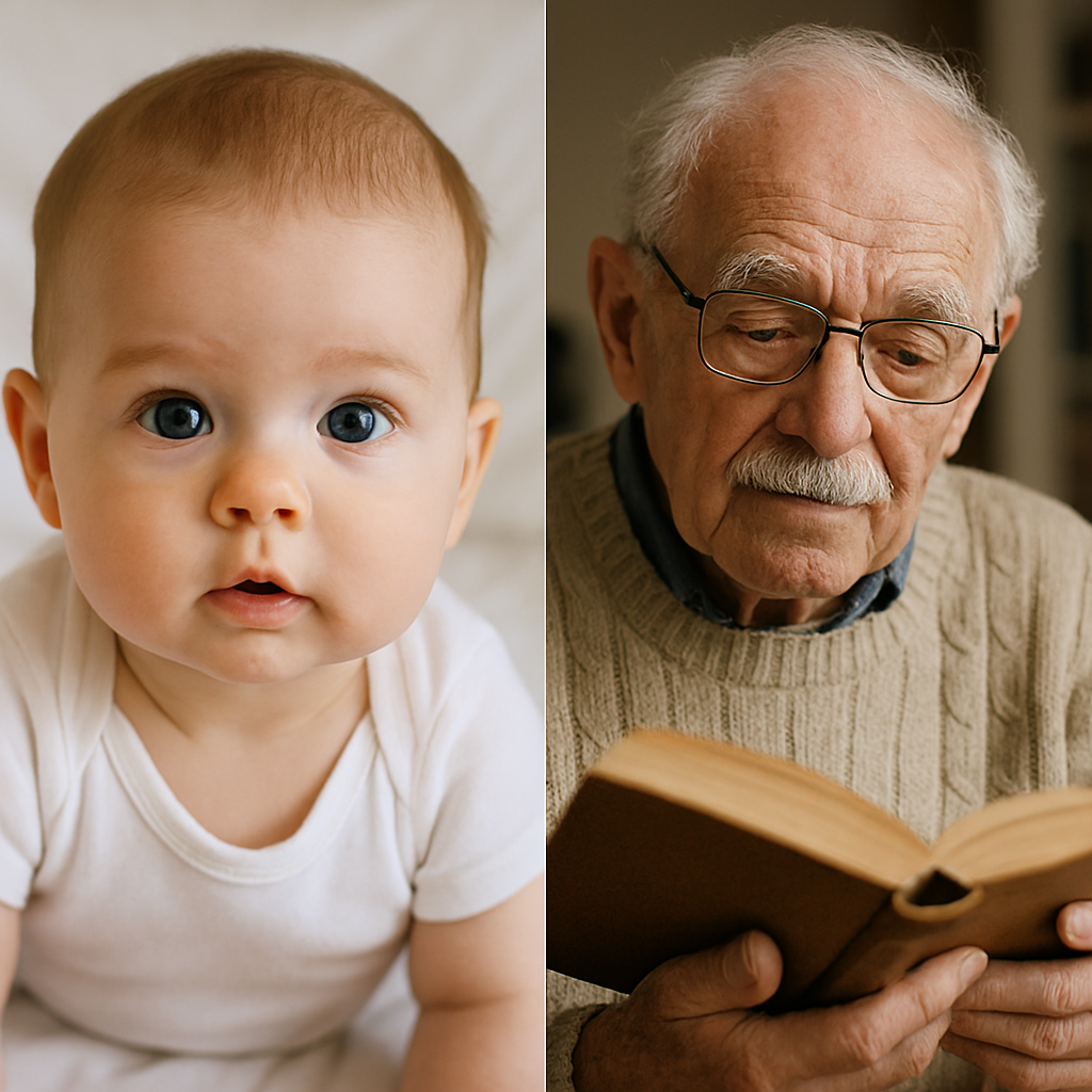 A composite image showing that pneumonia symptoms vary widely between infants and the elderly.