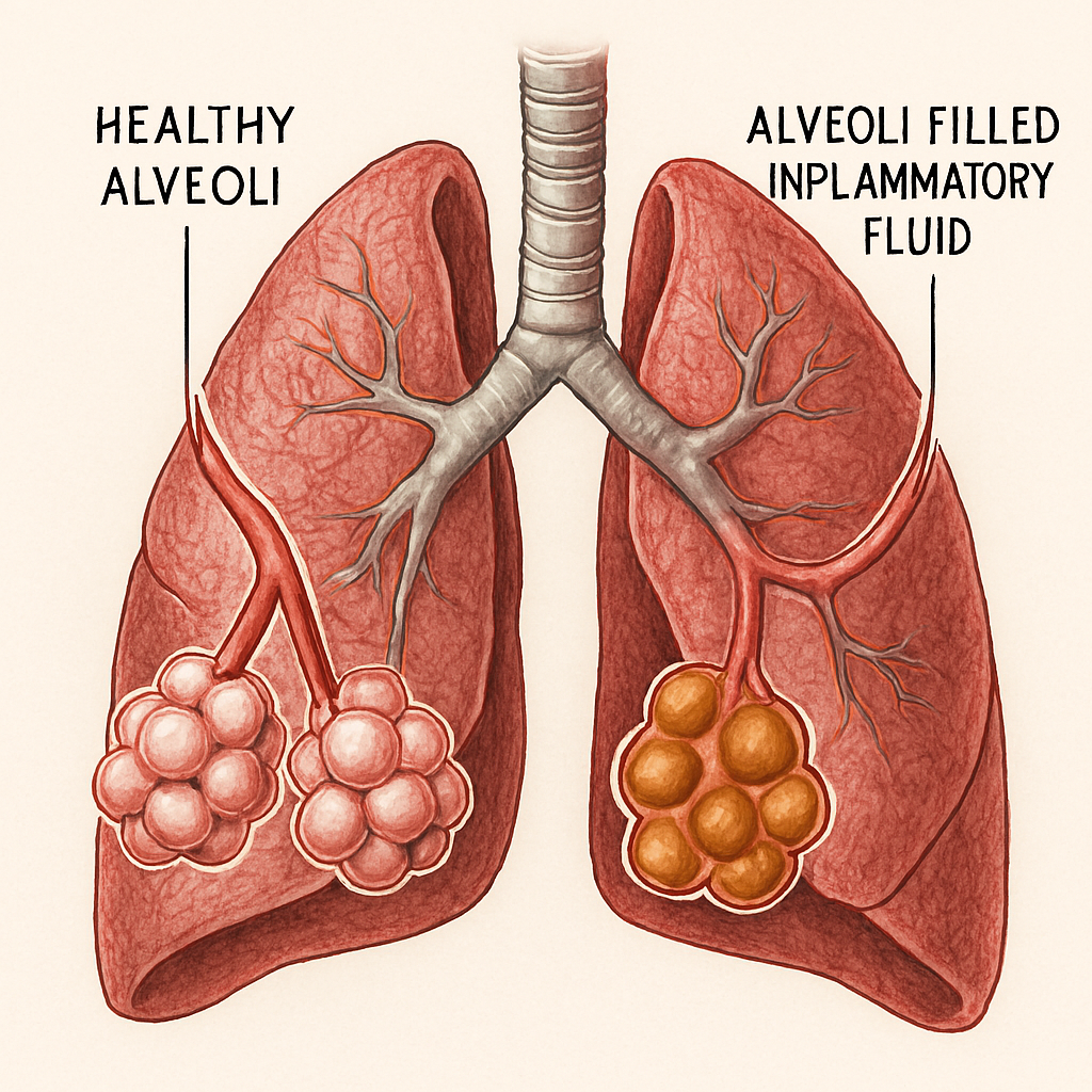 Medical illustration of lung air sacs showing the difference between healthy breathing and pneumonia inflammation.