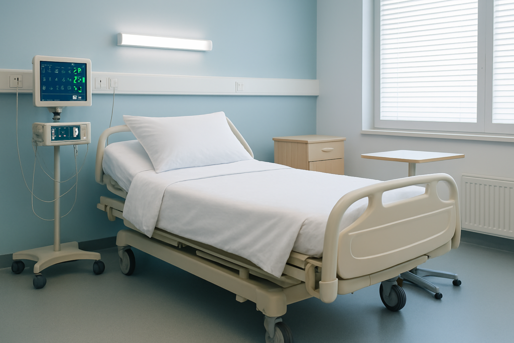 A hospital room illustrating the environment where healthcare-acquired pneumonia can occur.