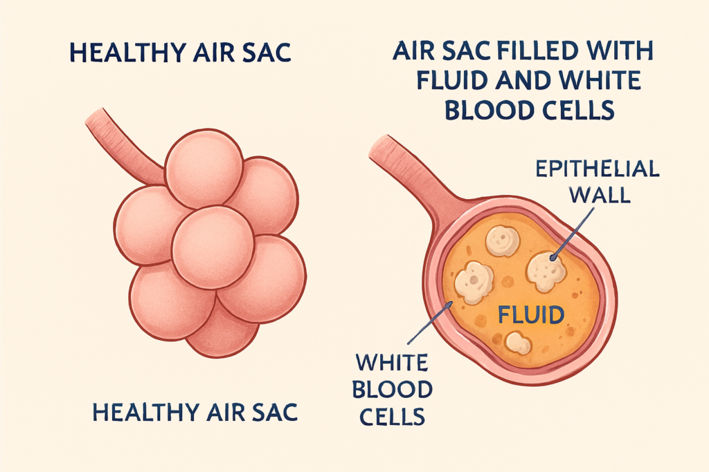 Comparison diagram of healthy and inflamed alveoli showing the fluid buildup caused by pneumonia.