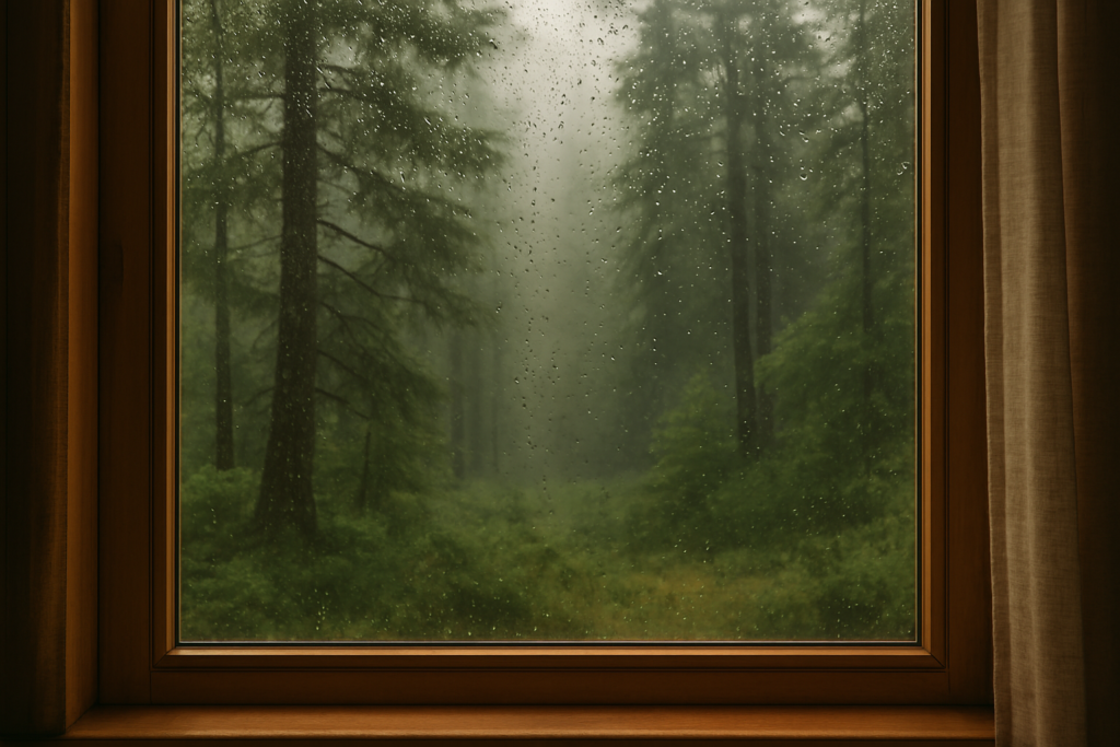 Rain on a window overlooking a forest, representing the environmental stressors that impact immune health.